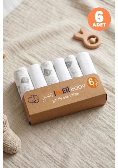 Just Inner Erkek Bebek 6'lı %100 Pamuk Ağız Mendili Ayıcık Desenli Kutulu Set Nefes Alan Doku 582201 Krem