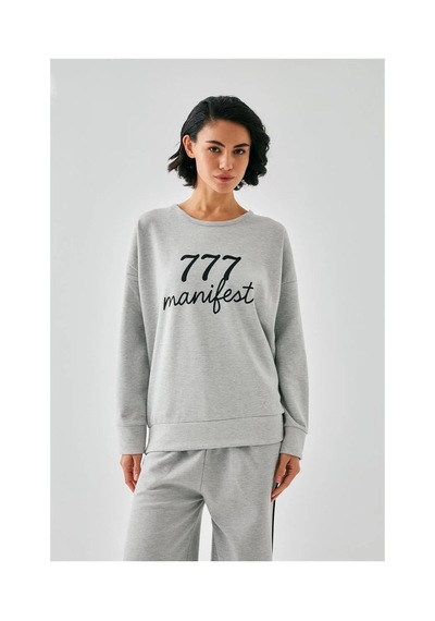 İkikareshop Kadın Gri Manifest Oversize 2 İplik Eşofman Ev Giyim Takımı Çok Renkli
