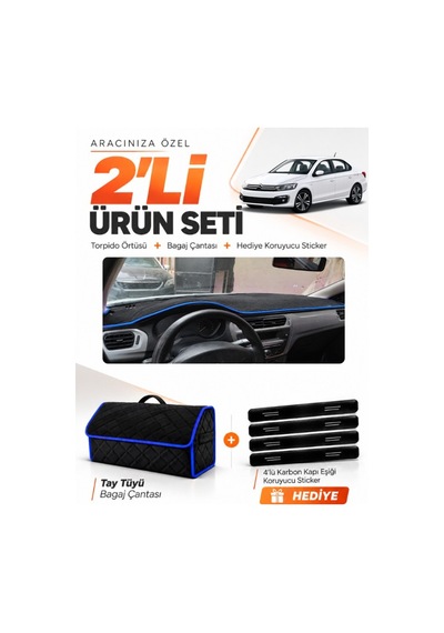 E-biz Citroen C-elysee 2012-2022 Uyumlu Torpido Örtüsü + Tay Tüyü Çanta - Siyah-mavi - Cı009