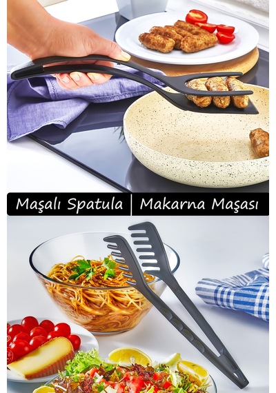 2'li Teflon Makarna Maşası Ve Maşalı Spatula Seti, Yanmaz Yapışmaz Pratik Mutfak Servis Seti Plastik