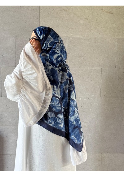 Qalortex Scarf Pamuklu Mimoza Desen Şal- Lacivert