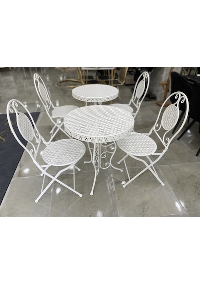 Ferforje Katlanır 1 Masa 4 Sandalye Balkon Takımı Beyaz 60cm Beyaz