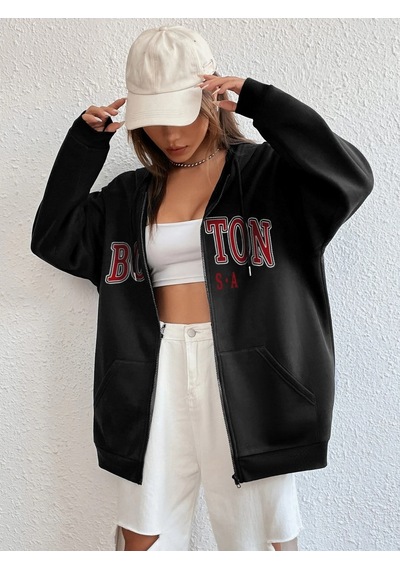 Altamira Unisex Bej Boston Baskı Kapüşonlu Hırka 001