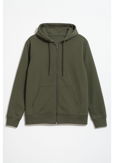 Erkek Fermuarlı Kapüşonlu Cepli Sweatshirt Haki