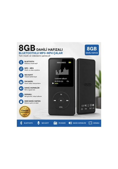 8gb Dahili Hafızalı Bluetoothlu Mp3-mp4 Çalar Fm Radio Dahili Hoparlör Ekranlı Müzik Çalar