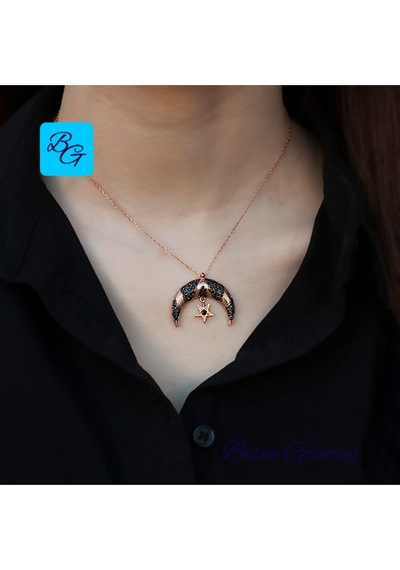 Oniks Taşlı Rose Siyah Ayyıldız Kolye Rose - Gold -  Gümüş
