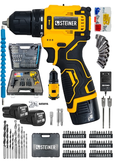 Steiner 88vf Kömürsüz Darbeli Çift Akülü Şarjlı Matkap 60 Nm Tork Armut Batarya 84 Parça Set Sarı