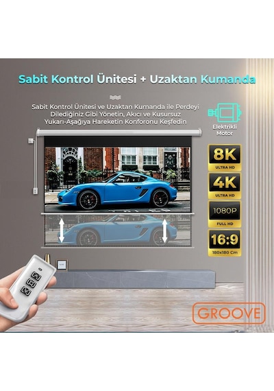 Groove Vizio Pro 180x180cm Blackout Işık Geçirmez Elektrikli Otomatik Kumandalı Projeksiyon Perdesi +motorlu+canlı Renkler+göz Koruması+leke Tutmaz Projector