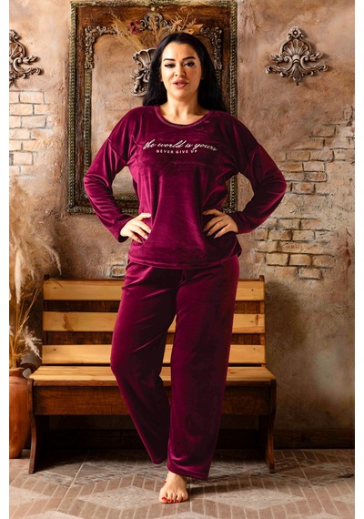 Nisanca Büyük Beden Kadife Kadın Pijama Takımı - Süper Soft Kadife Mürdüm