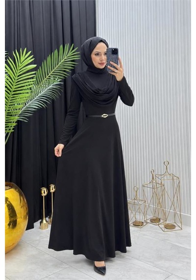 Neşeli Butik Kadın Siyah Sandy Kumaş Degaje Yaka Kemer Detaylı Tesettür Elbise---- Nms096