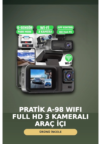 1080p Full Hd 3 Kameralı Wi-fi Araç İçi Kayıt Cihazı Ve Park Modlu Güvenlik Kamerası Seti