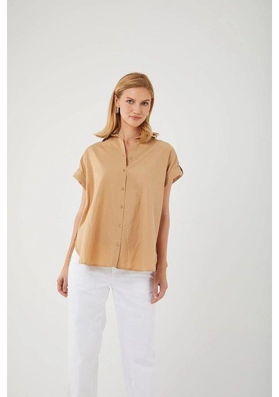 Mixray 3967 Kadın Apoletli Kısa Kol Oversize Gömlek Vizon