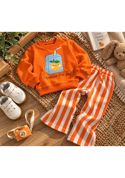 Turuncu Meyve Suyu Çizgili Jogger Alt Üst Takım - Toz Pembe - 2-3 Yaş - St00355-toz Pembe-2-3 Yaş