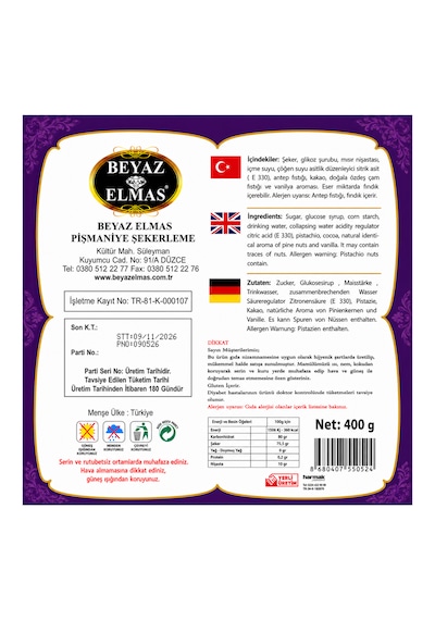 Beyaz Elmas Çifte Kavrulmuş Sultan Lokum 400 Gr - Antep Fıstıklı Geleneksel Türk Lokumu - Premium Lokum