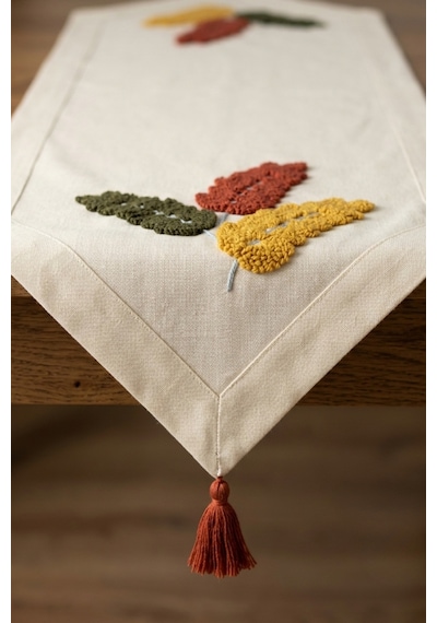 Autumn Leaf Punch Nakışlı Runner 40x130 Cm Pamuk Panama Keten Bej
