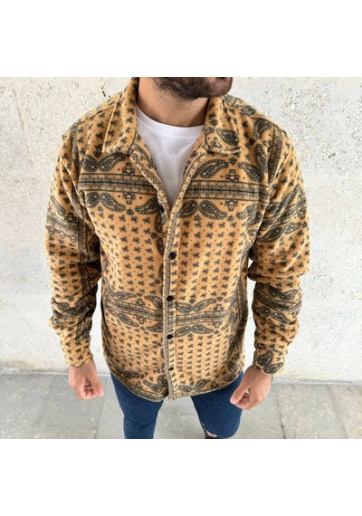 Mbb E-ticaret Erkek Düğmeli Gömlek Polar Sweatshirt Yumuşak Dokulu Oversize Kalıp -sarı