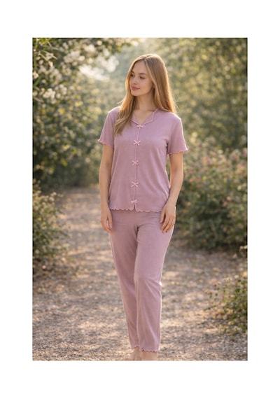 Rindahomewear Kadın Kısa Kollu Fiyonklu Fitilli Pijama Takımı Mrdum1
