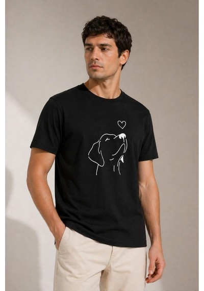 Erkek Köpek Figürlü Minimal Baskılı Tişört Kısa Kol Yazlık T-shirt - Siyah