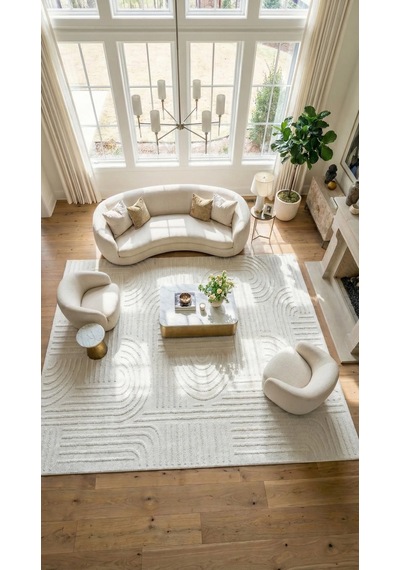 Zelve Geometrik Beyaz Kaymaz Taban Yıkanabilir Salon Halısı