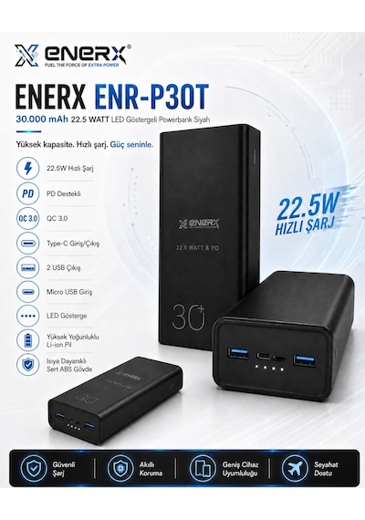 Enerx Enr-p30t 30.000 Mah 22.5 Watt Led Göstergeli Powerbank Siyah