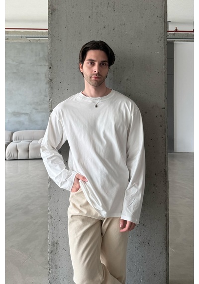 Erkek Oversize Uzun Kollu Basic T-shirt Beyaz