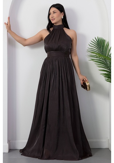 Kalopya Halter Yaka Şifon Elbise Grs4128 Kahve