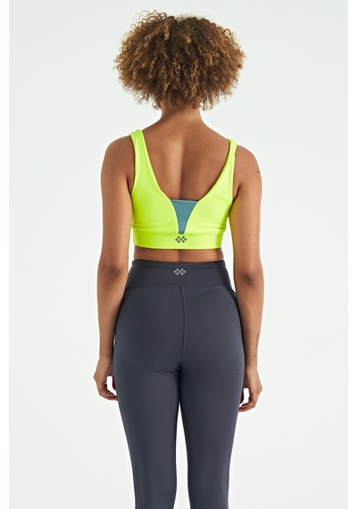 Tommy Life Neon Sarı Yazı Baskılı Renk Bloklu Dar Kalıp Dalgıç Kumaş Kadın Büstiyer - 97271 Neon Sarı