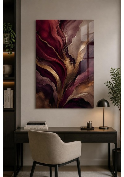Soyut Bordo Altın Desenli Baskılı Cam Tablo Modern Dekoratif Duvar Tablosu
