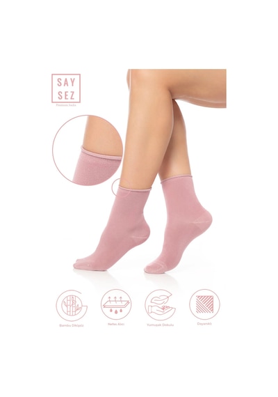 Saysez Bambu Kadın Lastiksiz Pembe Soket Dikişsiz Premium Çorap / Iz Bırakmaz / Sıkmayan Çorap Renkli