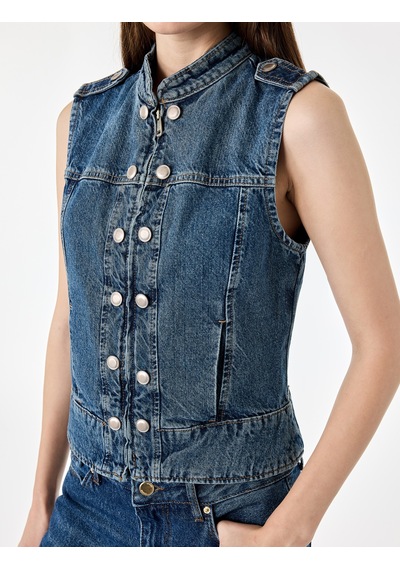 Koton Pamuklu Cepli Yuvarlak Yaka Kolsuz Denim Military Yelek Orta İndigo 7wal20008md