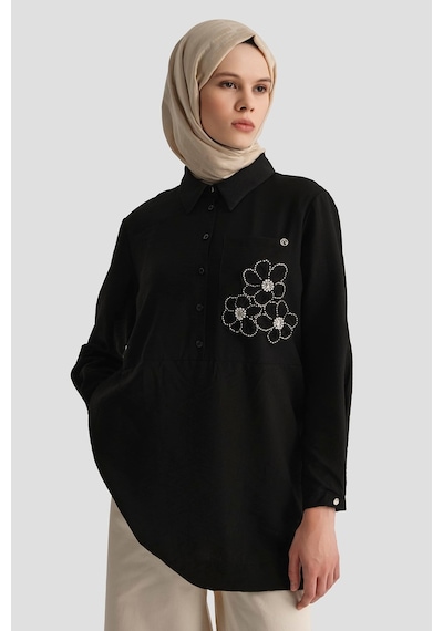 Armine Trend Gömlek Yaka Çiçek Desenli Tunik Siyah 26yt464