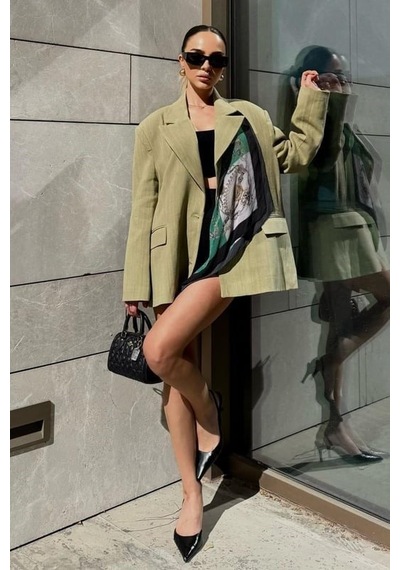 Madmext Yeşil Keten Blazer Kadın Ceket Mg2443