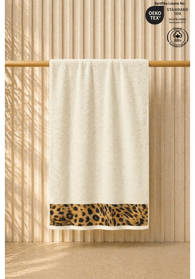 Leopar Plaj Havlusu %100 Pamuk Sertifikalı Deniz & Havuz Havlu Krem 70x140cm Ekru