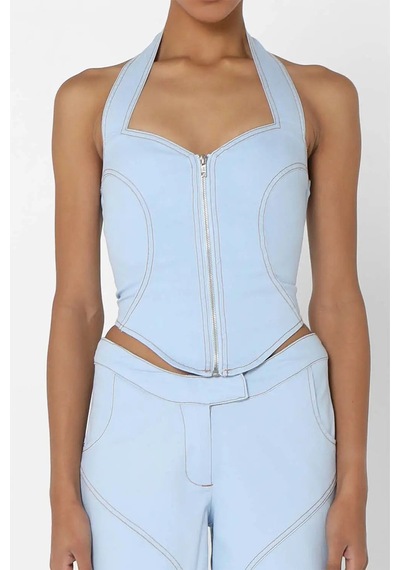 By Dyln Ramona Korsaj: Mavi Denim Halter Üst, Kalp Yaka Ve Şık Detaylar Açık Mavi