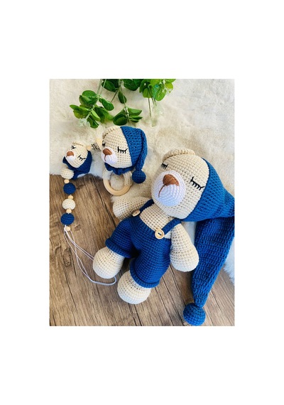Adenya Sepeti Sepeti Masala Ayıcık Set Lacivert Renk Örgü Amigurumi Oyuncak + Diş Kaşıyıcı + Emzik Askısı