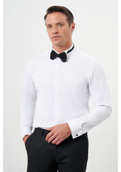 Morven Erkek Beyaz Manşetli Düz Desen Ata Yaka Slim Fit Gömlek Beyaz