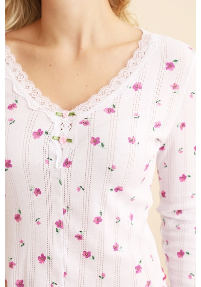 Siyah İnci Pamuklu Delikli Dantelli Örme Pijama Takım7928-6 Beyaz