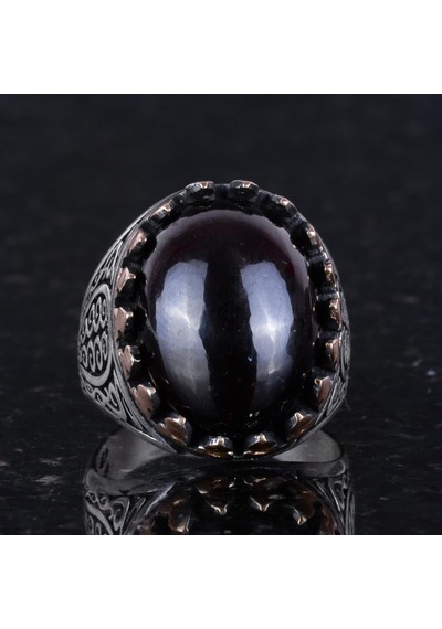 925 Ayar Katı Gümüş Erkek Yüzüğü Doğal Taşlarla - El Yapımı Şıklık Cabochon Granat Taşı Gümüş
