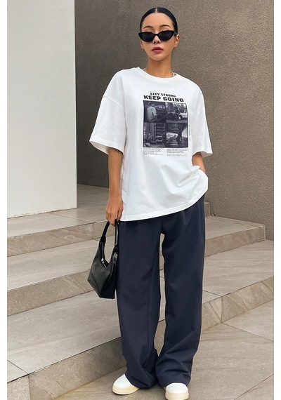 Unisex Keepgoing Baskılı Tasarım Tshirt Beyaz