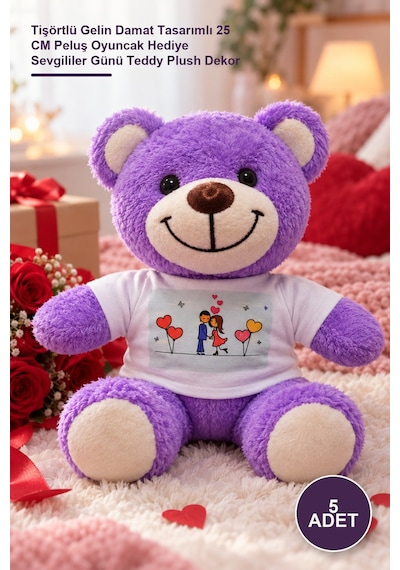 5 Adet Peluş Ayıcık Tişörtlü Gelin Damat Tasarımlı 25 Cm Peluş Oyuncak Hediye Sevgililer Günü Teddy Plush Dekor