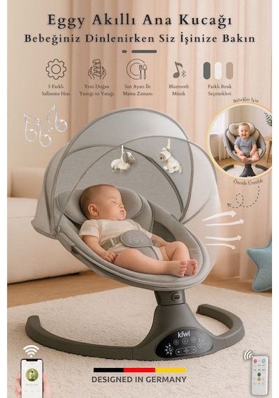 Kiwi Eggy Plus Elektrikli Otomatik Sallanan Bebek Ana Kucağı, 5 Farklı Sallanma Hızı, Oyuncaklı Gümüş