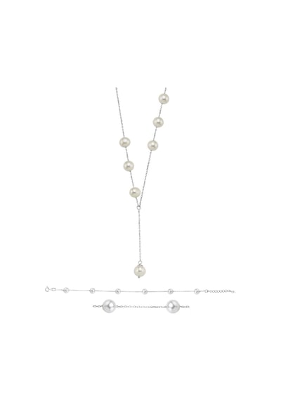 Brezza Lusso Jewelry Special Hakiki İnci Y Model Kadın Gümüş Kolye Bileklik İnci Set
