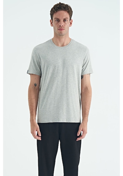 Tommylife Gri Melanj Erkek Basic Kısa Kol Standart Kalıp O Yaka T-shirt - 87911 Gri Melanj