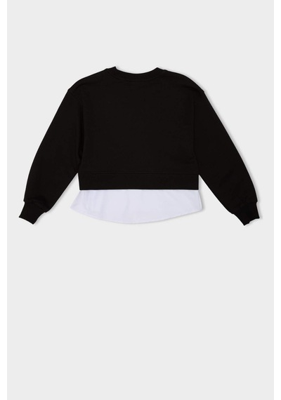 DeFacto Kız Çocuk Relax Fit Bisiklet Yaka Etek Ucu Detaylı Sweatshirt D0703A824AUBK81 Siyah