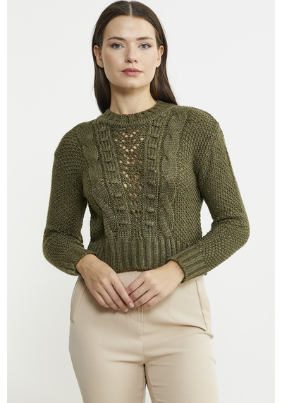 Sementa Saç Örgü Motifli Crop Yünlü Triko Kazak - Haki 001