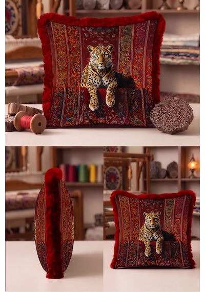 Leopar Figür Oryantal Desen Saçaklı Yastık Kılıfı-egzotik Hayvan Vizon Bordo Püsküllü Kırlent Kılıfı Uzak Rota Opal