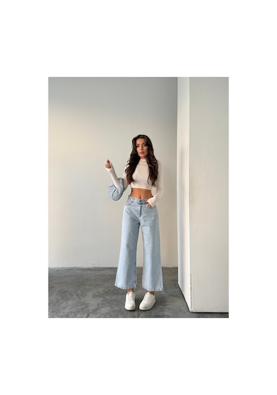 Blue Marlın Buz Kar Yüksek Bel Bilek Boy Kot Bol Paça Jeans Buz Kar