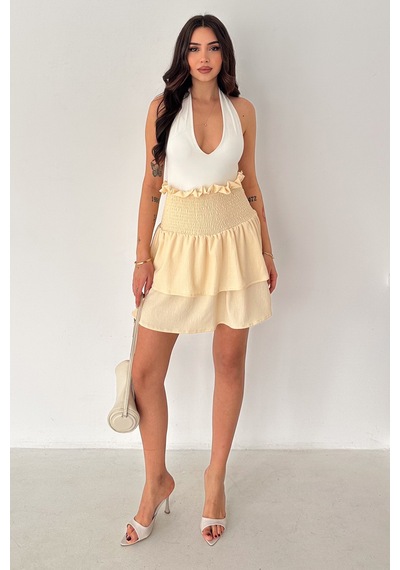 Kadın Katlı Smock Bel Mini Short Etek Summer Layers Bej