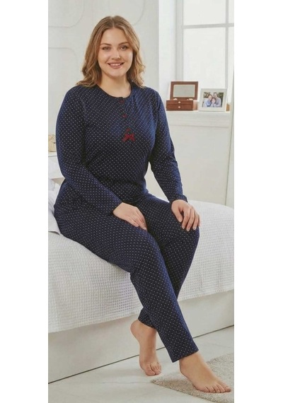 Miss Melina Bambu Pamuk Uzun Kol Kadın Pijama Takımı Puanlı - 9030363472610 Lacivert