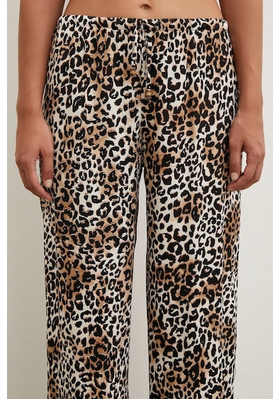 Never More Leopar Saten Pantolon Siyah